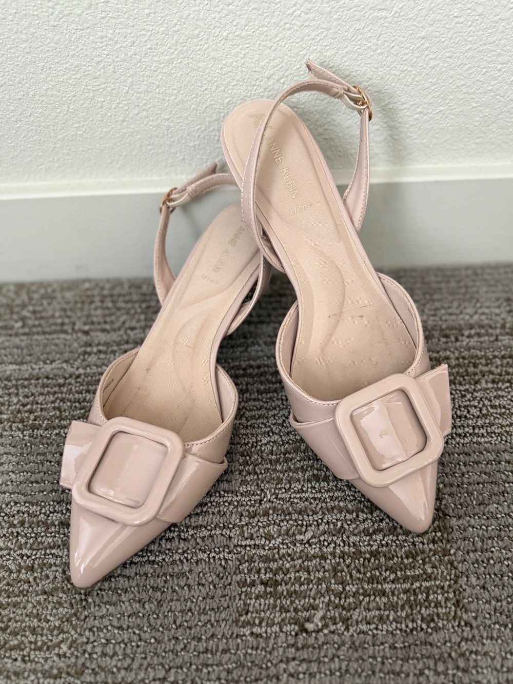 Anne Klein Nude Patent Akbernette Pointed-Toe Buckle Slingbacks